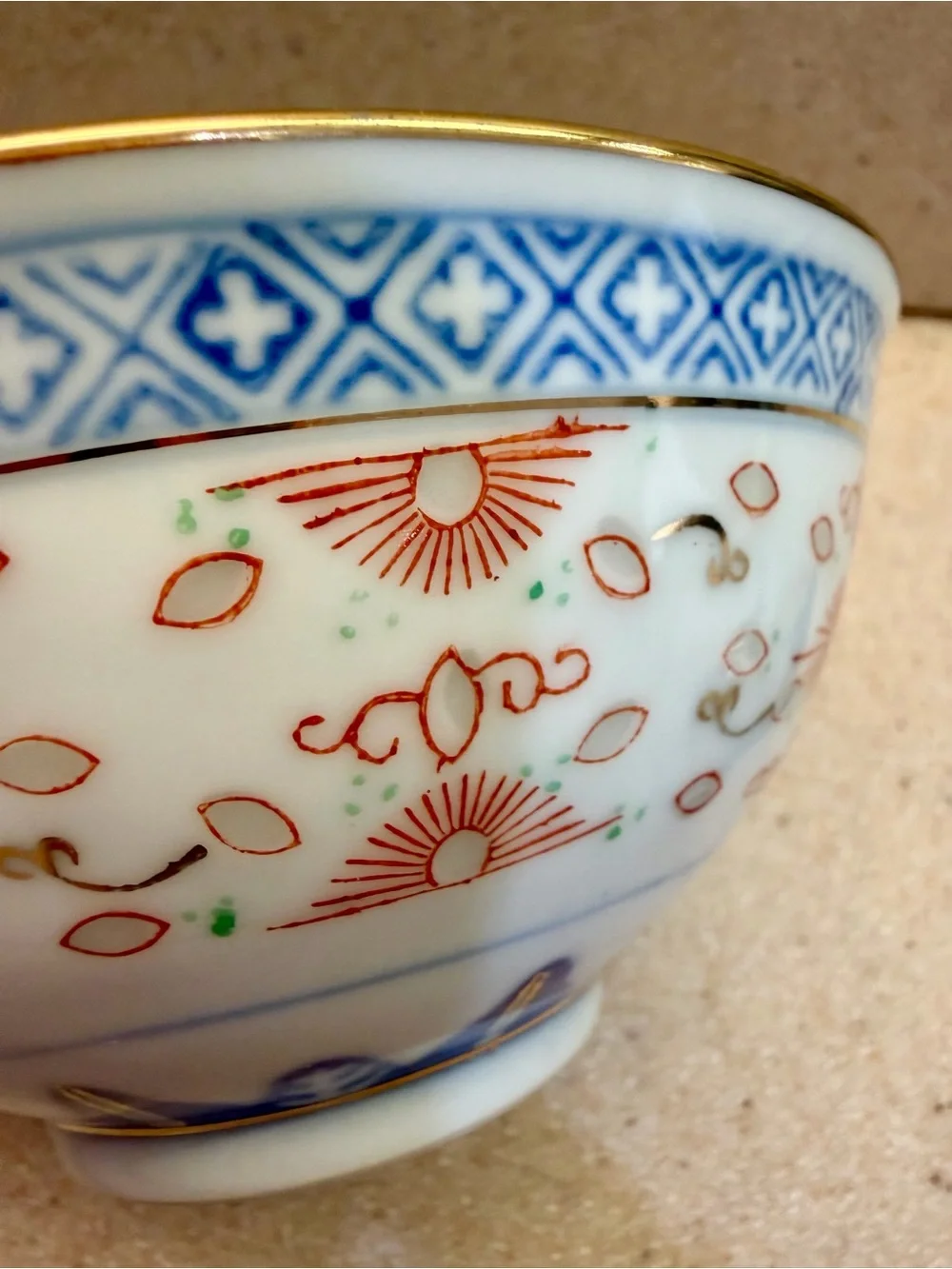 Asian Porcelain Rice Bowls - Set of 2 Chinese Floral White with Red, Blue, Gold